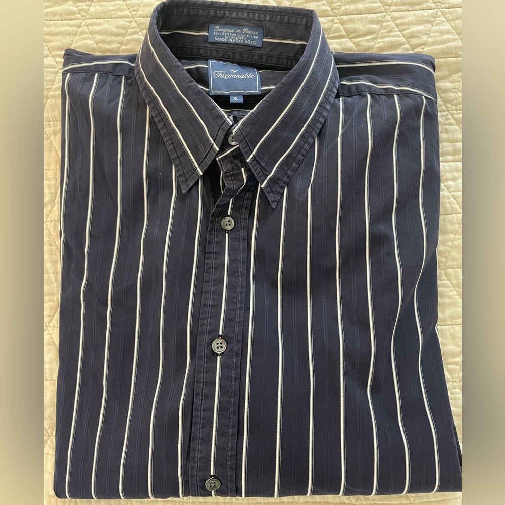 Faconnable Vintage Finely Textured Woven Stripe Sport Shirt in Navy‎ Size XL